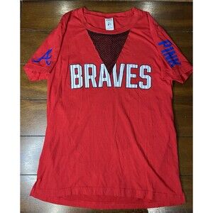 Victorias Secret PINK Braves MLB Baseball Tee Mesh V-neck Sz Medium